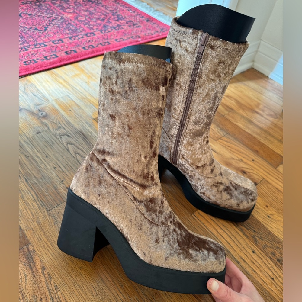 Velvet Platform Ankle Boots - Brown